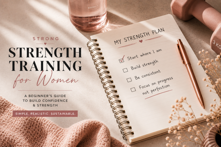 Strength training plan for women with beginner fitness notebook and dumbbells