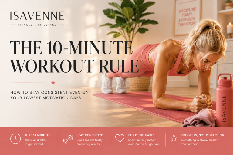 Blond woman doing a plank workout at home illustrating the 10-minute workout rule for building fitness consistency