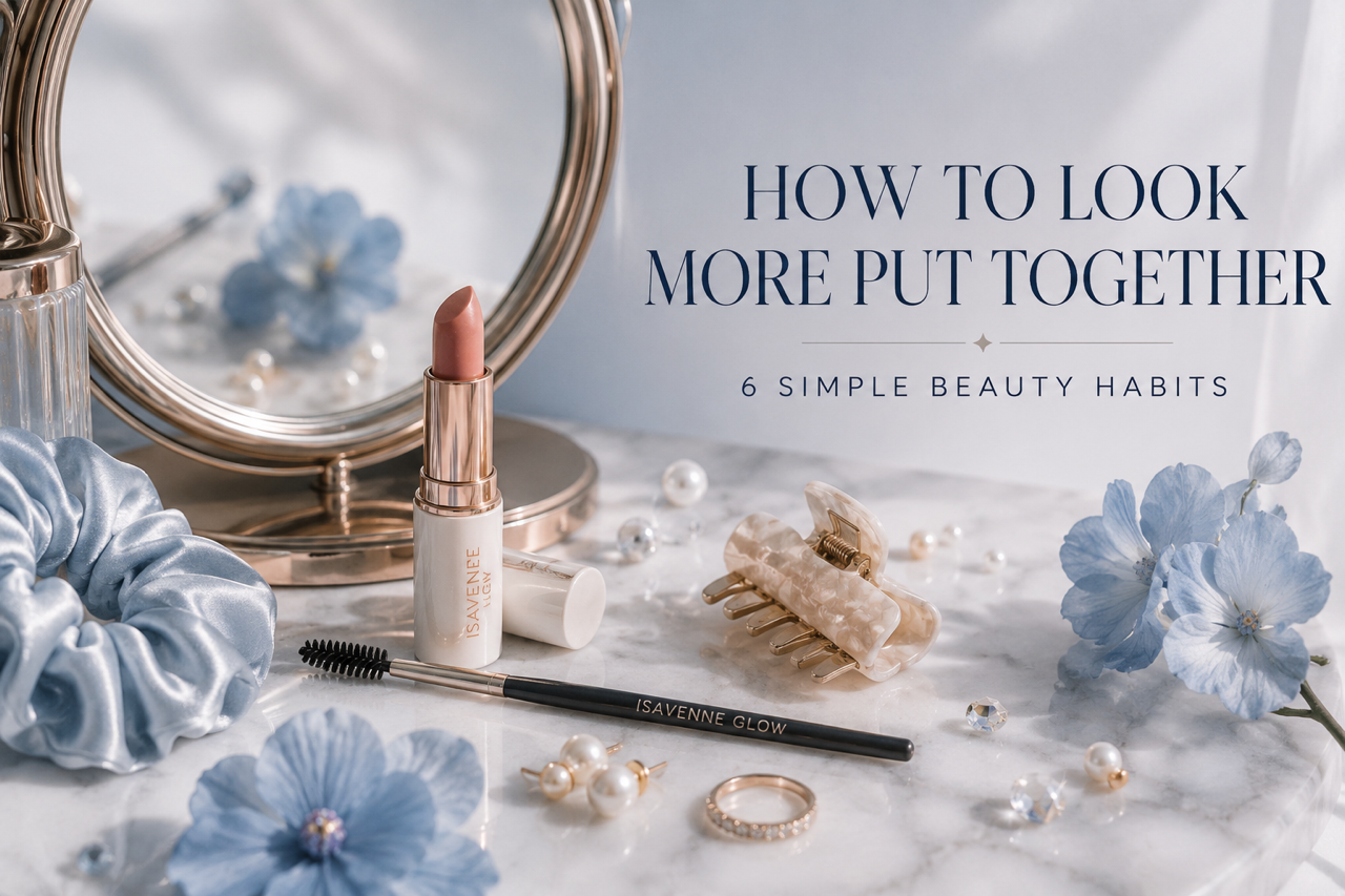 Beauty essentials with mirror, lipstick, hair accessories and jewelry for a polished everyday look