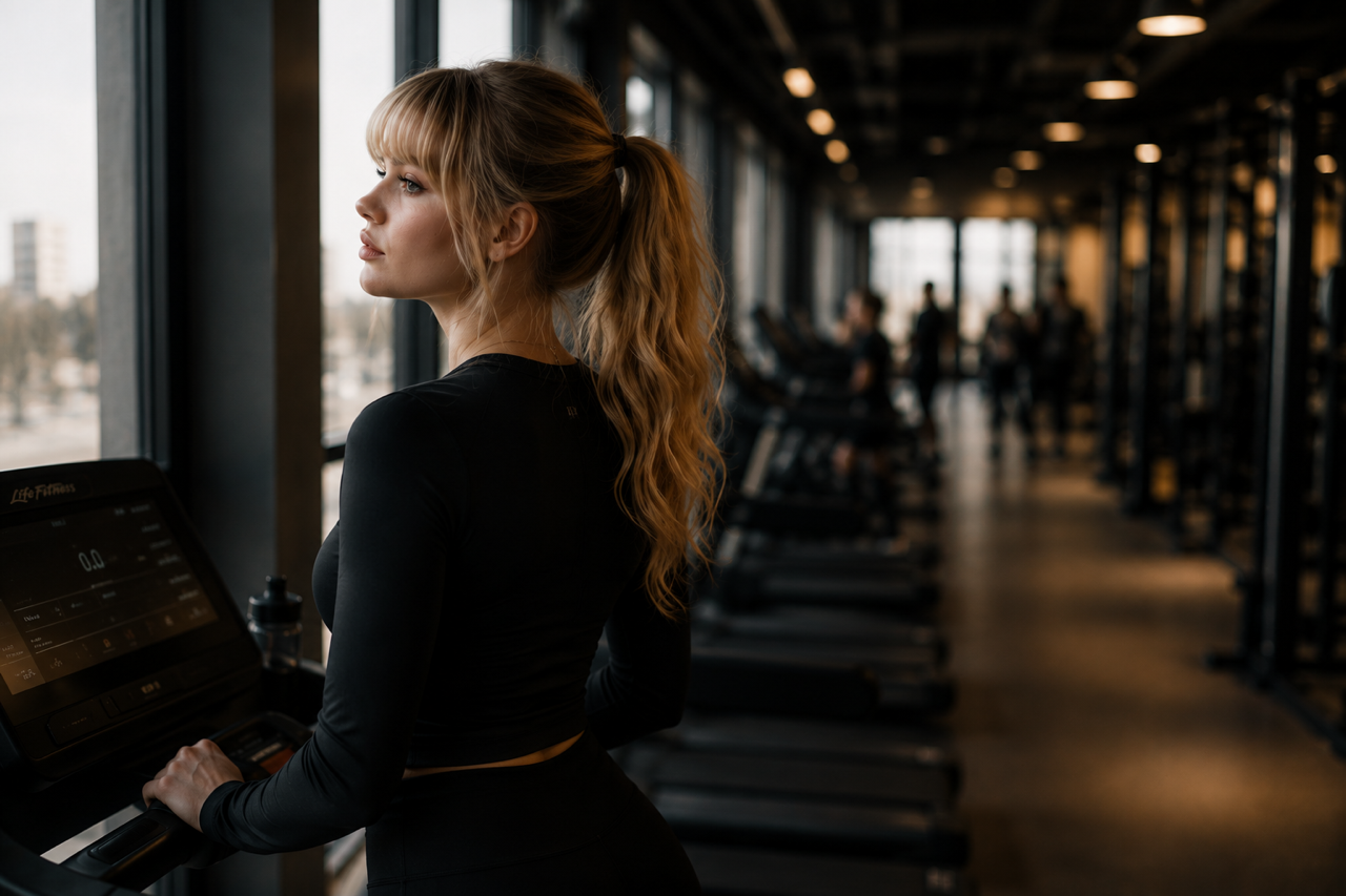 Beginner feeling nervous on a treadmill while becoming familiar with the gym