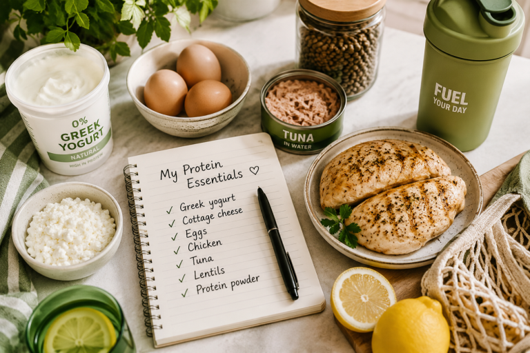 High-protein food essentials with Greek yogurt, eggs, chicken and a protein shopping list