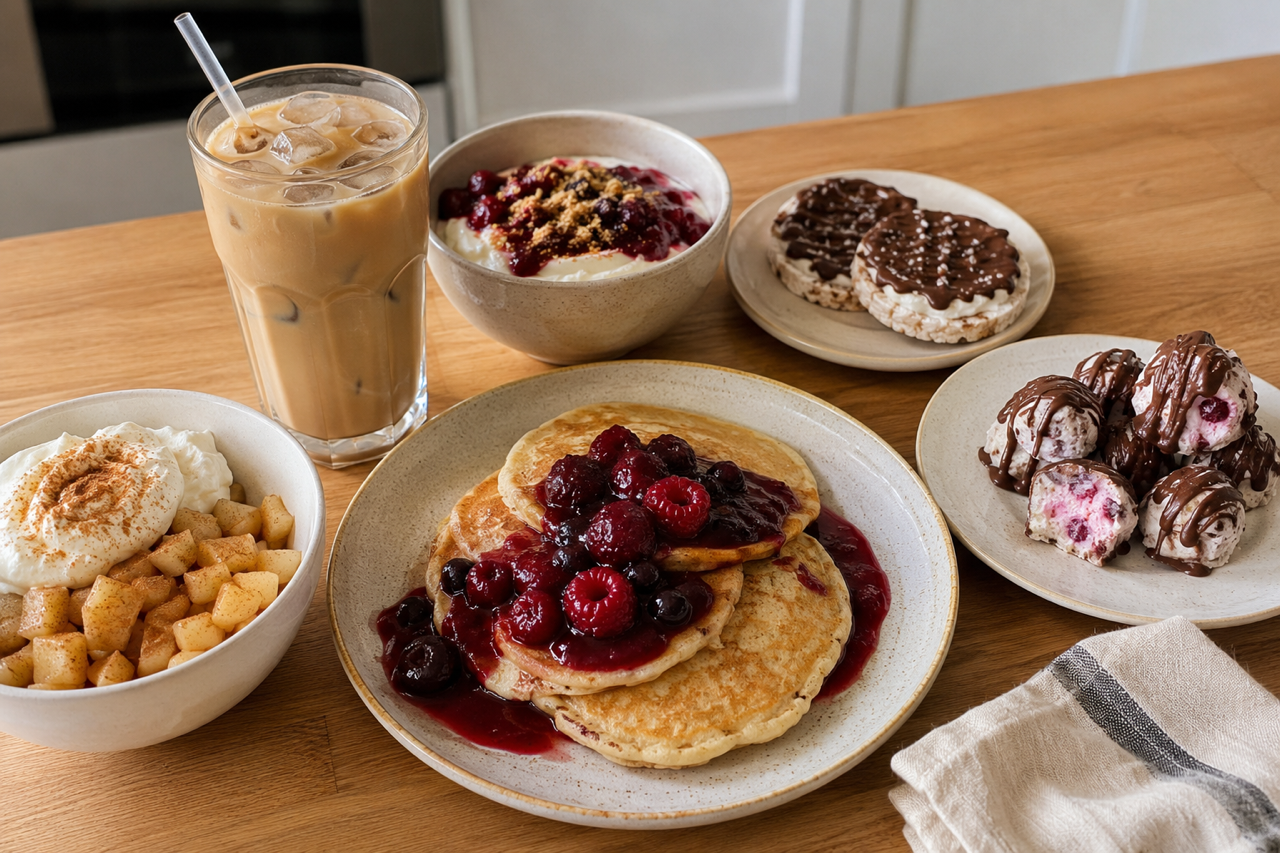 Six easy high-protein sweet snacks including protein pancakes, iced protein coffee and berry yogurt bites
