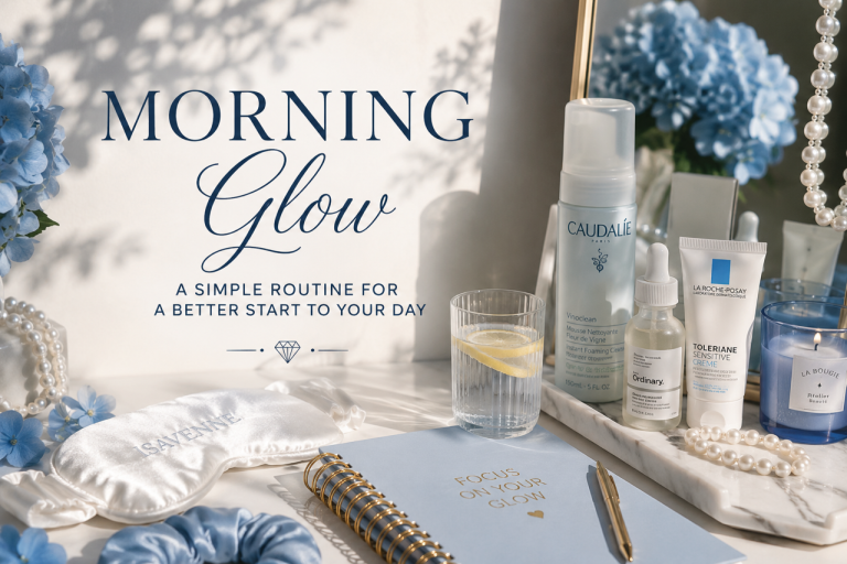 Mornong glow self-care routine with skincare, water and blue floral details
