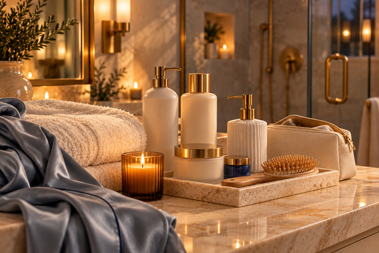 Hair and body care products, folded towels and a blue satin robe on a marble bathroom counter lit by candles.