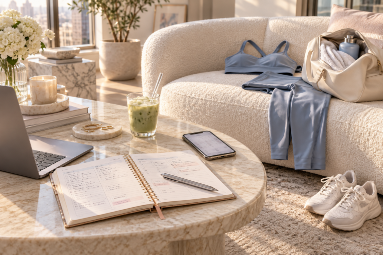 Open weekly planner on a marble coffee table, with a blue workout set and packed gym bag on a cream sofa behind it.