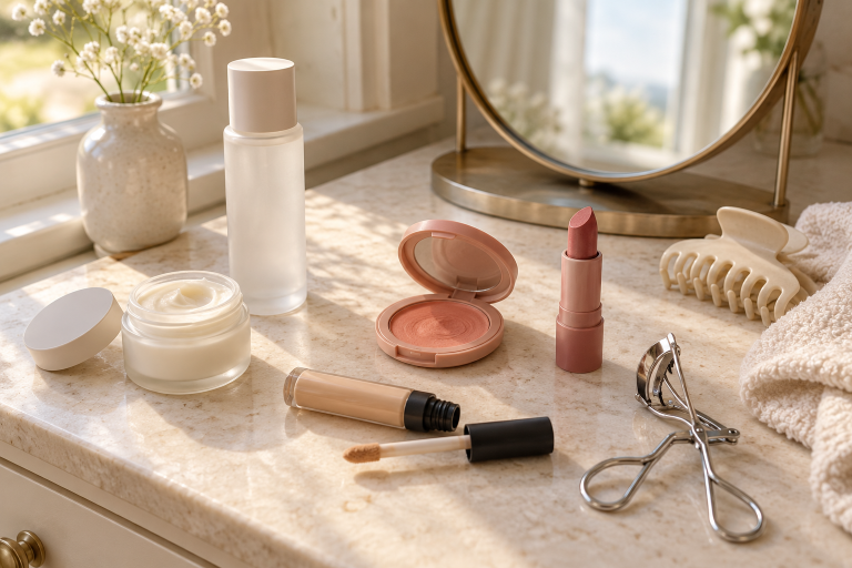 Skincare and makeup essentials with a lash curler and hair clip on a cream vanity in soft morning light